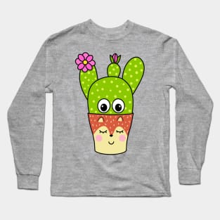 Cute Cactus Design #296: Pretty Cactus In Fox Pot Long Sleeve T-Shirt